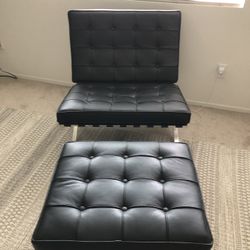 Black Genuine Leather Accent Chair With Ottoman 