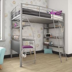 New-DHP Studio Loft Bunk Bed Over Desk and Bookcase with Metal Frame, Twin, Gray Gray-Never Used-still in box