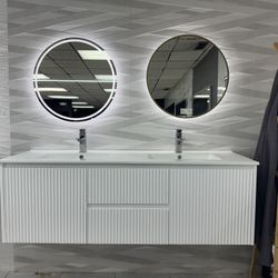 60” Floating Double Sink Fluted White PVC Bathroom Vanity