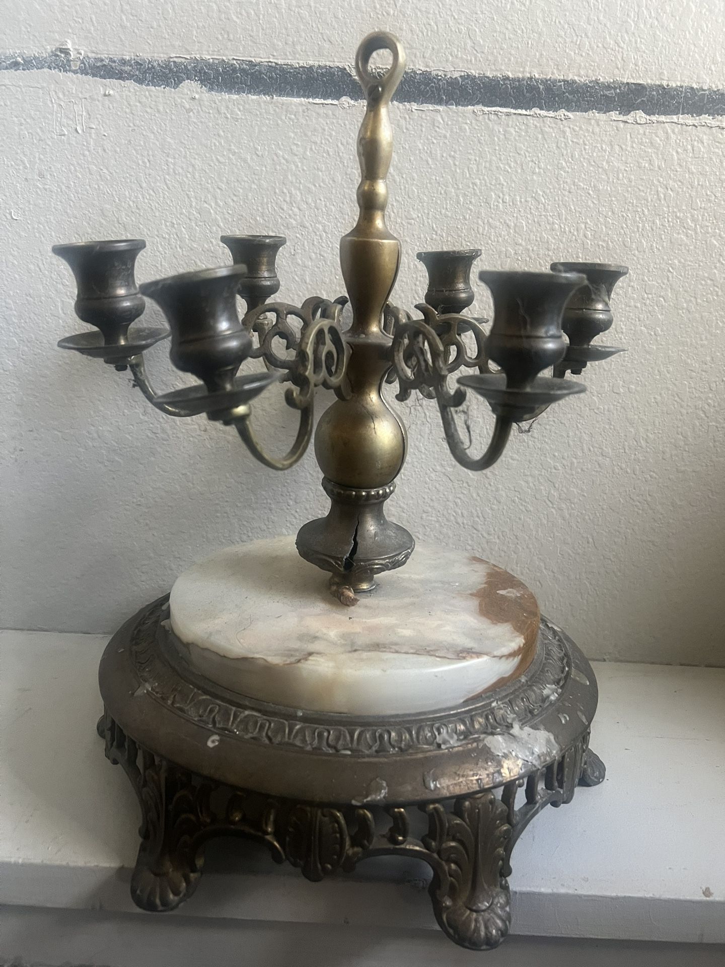 Heavy Large Brass Marble Vintage Antique Candelabra