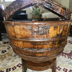 Late 19th Century Antique Chinese Fruitwood Water Bucket With Stand With Hook