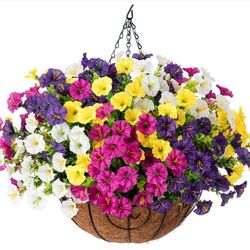 Artificial Hanging Flower Basket for Spring Décor, Silk Flowers
