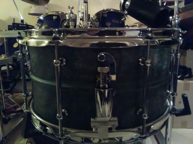 Pork Pie 7in x 13in green patina on brass shell snare drum