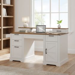 Kova 59" Farmhouse Office Desk with Storage Cabinets and Charging Station