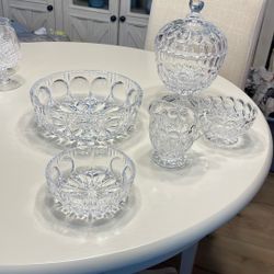 Crystal 5 Price Set. Candy Dish With Lid, Large Bowl, 2 Small Bowls And Creamer