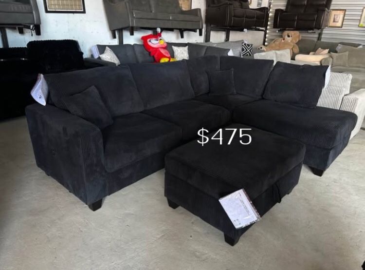 3-pc Sectional Sofa With Storage Ottoman Black Corduroy Fabric
