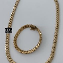 New 18k Yellow Gold Cuban Link Chain And Bracelet Set 