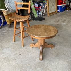 Solid Oak Vintage Side Table With Vintage Bar Stool Chair