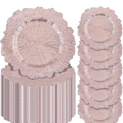 Pesonlook 43Pcs Rose Gold Charger Plates Round 13inch, Reef Plate Chargers for Dinner, Bulk Plastic Floral Table Plates for Dinner Wedding Party Event