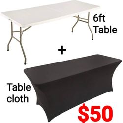 Folding Table With Black Fitted Tablecloth, for Parties, Picnic, Wedding, Camping, Office Etc..  (White, 6ft)