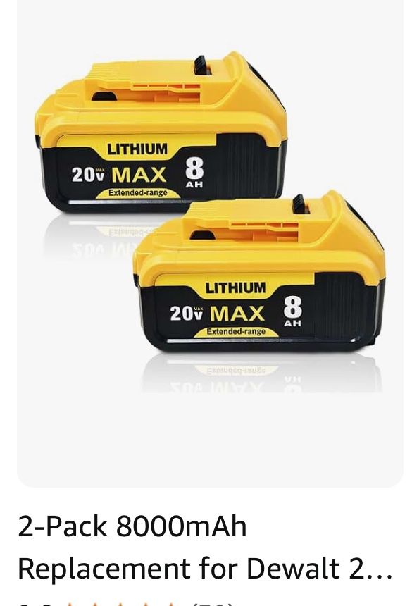 2-Pack 8000mAh Replacement for Dewalt 20V MAX Battery – Compatible with DCB200/206/207/201 Cordless Tools, Long-Lasting Power