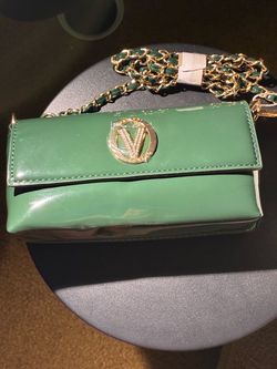 Valentino Orlandi-Green Evening Bag with a Gold/Rhinestone Valentino Emblem