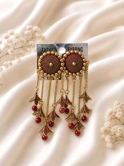 Gold Tone Dangle Earrings with Red Beads – India Style