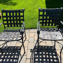 5 Outdoor Chairs in VG Condition Each measures 23”w x 17”sd x 17”sh x 33”h.