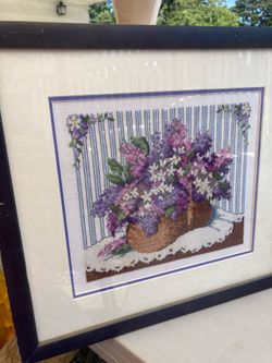 Framed Floral Cross Stitch Needlework Art