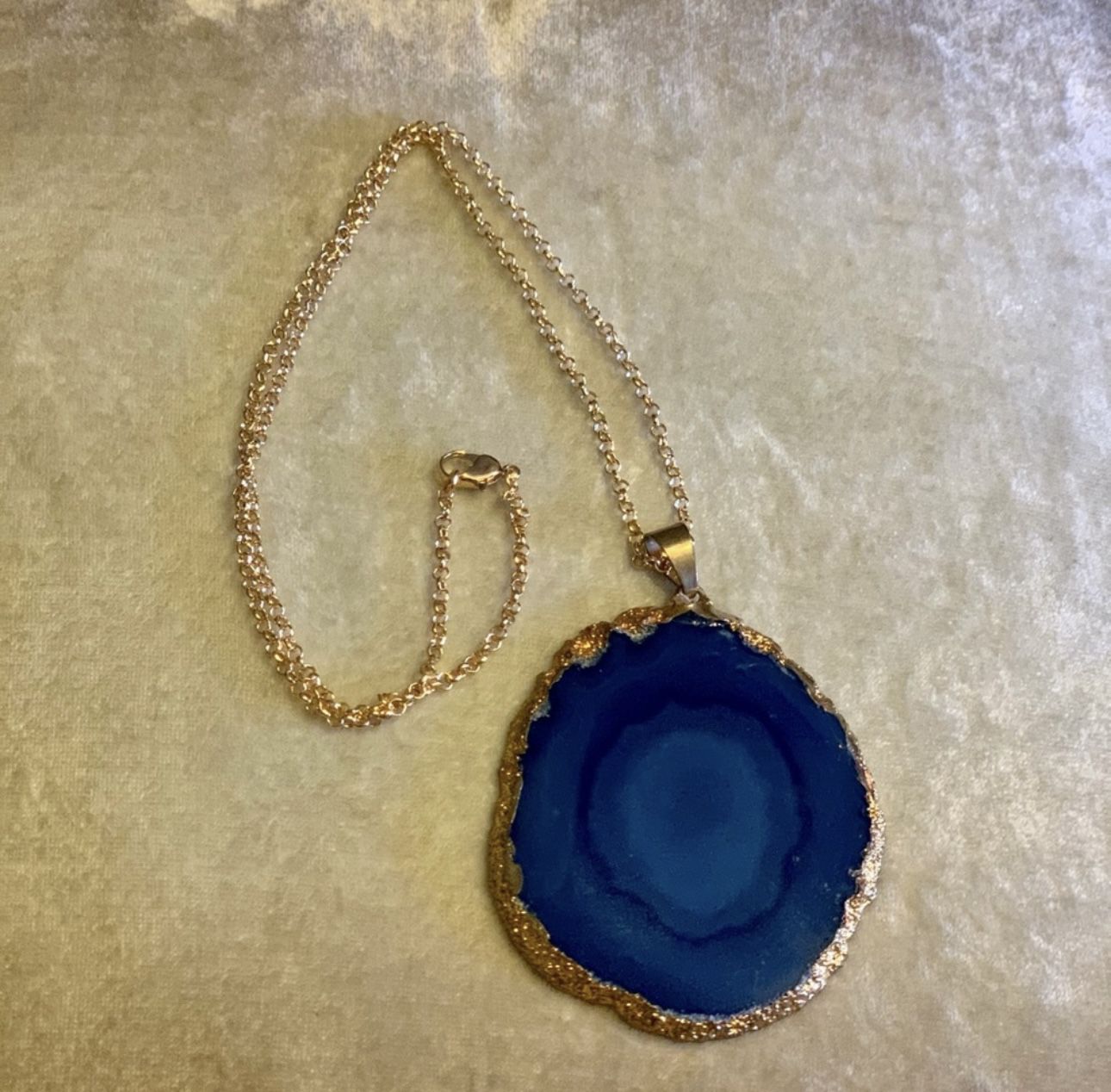 Large Blue, Sliced Agate Pendant With A Brass Gold Plated Chain Necklace
