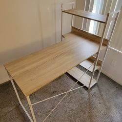 Desk with built in shelves, white metal with oak wood veneer