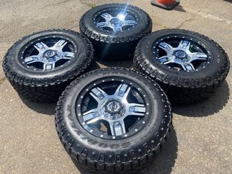 New! 18” Gear 6 lug (dual drilled chevy gm ford toyota) rims (+18 offset) & Goodyear Duratrac 275/65R18 tires C load 80% tread
