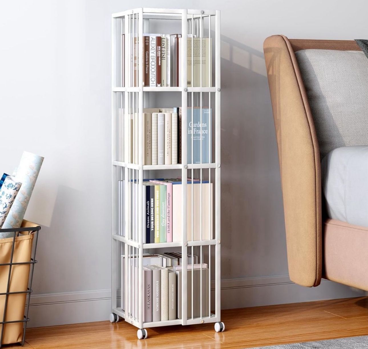 Rotating Bookcase White 4 Tiers Metal Bookshelf Large Capacity