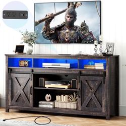 LED Farmhouse TV Stand for 65" 75" TVs with Power Outlets, 32" Tall Sliding Barn Door Entertainment Center with Adjustable Shelves/4 Layer Storage for
