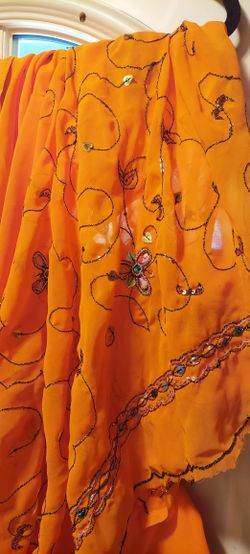Shaded Orange Pure Jaipuri Chiffon Hand Work Saree. Butterfly Design. 6'L X 3'W