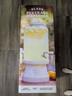 Brand New 3-Gallon Glass Beverage Dispenser w/ Ceramic Pedestal & Spigot