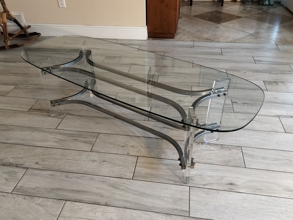 Vintage Mid Century Lucite and Chrome Glass Top Coffee Table Attributed to Charles Hollis Jones