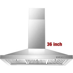 36 inch Range Hood, Wall Mounted Vent Hood in Stainless Steel, Ducted/Ductless Kitchen Hood w/Push Buttons 