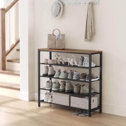 Shoe Rack, 5-Tier Shoe Storage Organizer with 4 Metal Mesh Shelves for 16-20 Pairs and Large Surface for Bags, for Entryway, Hallwa
