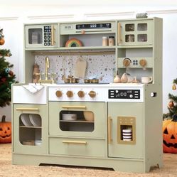 Kids Wooden Play Kitchen Set – Realistic Pretend Play Kitchen with Stove, Sink, Coffee Maker, Ice Maker & 15 Fun Accessories