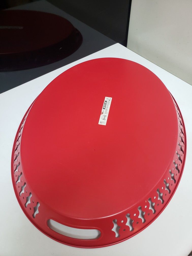 Red Ikea Oval Handled Metal Tray