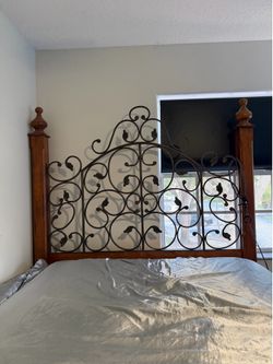 Solid Wood Queen Bed Frame w/ Decorative Iron Headboard