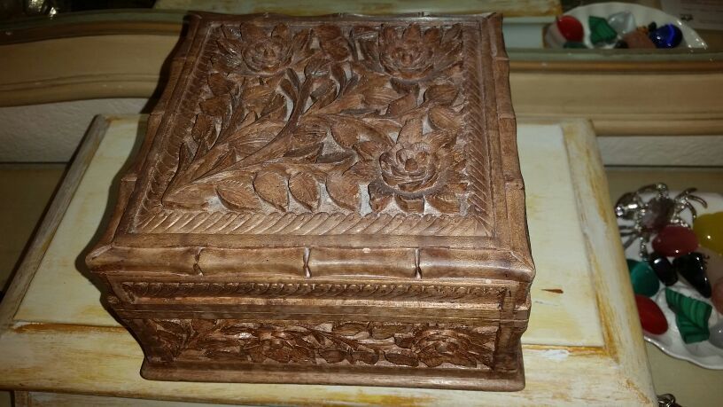 Carved wood jewelry box, from Afghanistan with a secret lock.