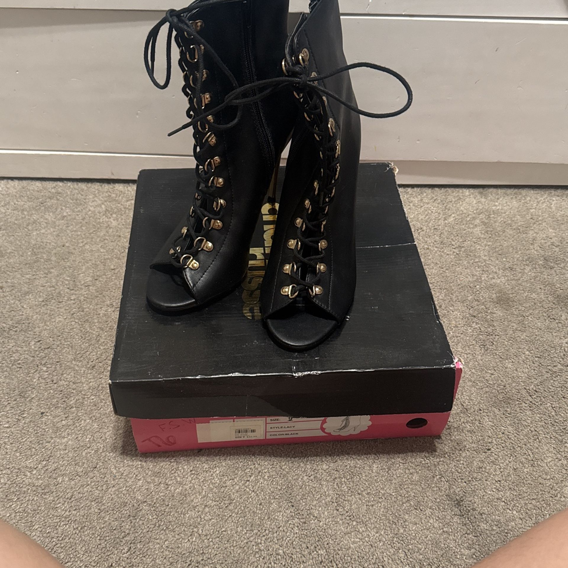 Black & Gold lace up heel booties
