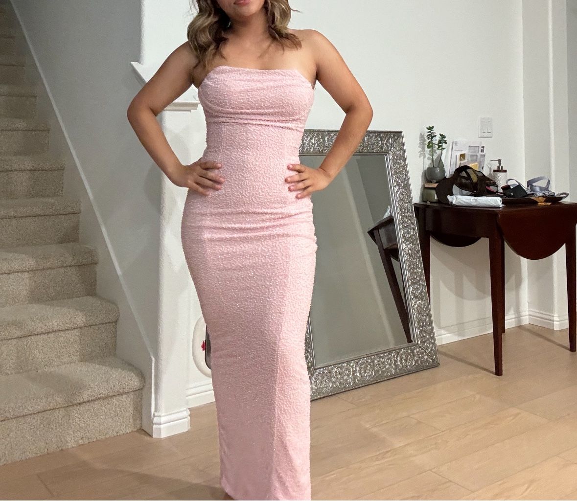 Oh Polly pink long bodycon dress - PALERMO Embellished Bandeau Cowl Neck Maxi Dress in Blush