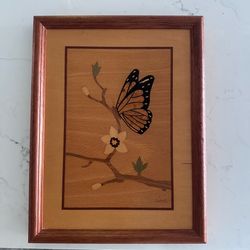 vintage wood marquetry butterfly art piece by Hudson River Inlay, signed by artist Jeff Nelson.  Overall 12 7/8” tall  x 9 7/8” wide.