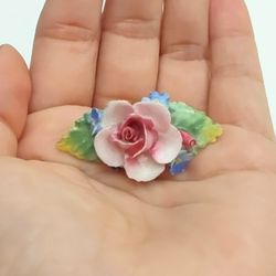 Signed ARTONE Bone China Made in England ROSE FLOWER Pink Vintage BROOCH Pin
