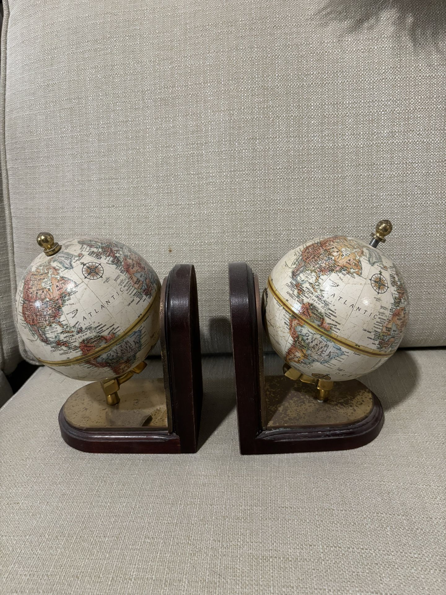  Vintage Replogle Globes Brass And Wood Bookends