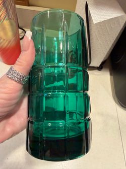 SET OF 8 ANCHOR HOCKING TARTAN GREEN GLASS FLAT TUMBLER AND WHISKEY GLASSES