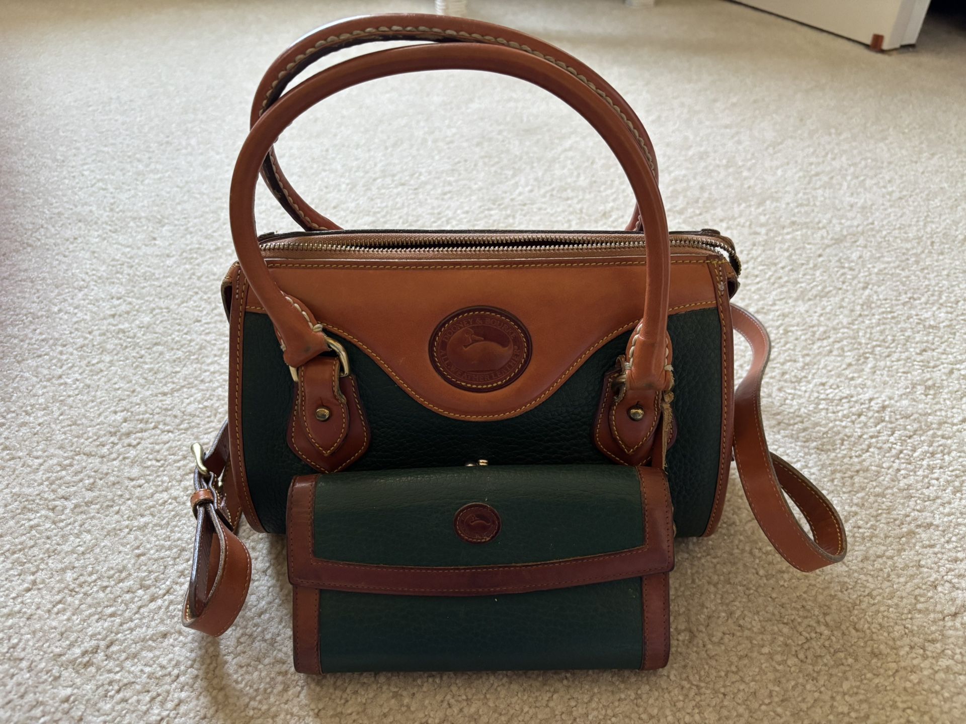 Dooney & Bourke Satchel Purse With Green Pebble Leather And Matching Wallet