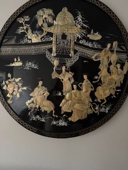 Vintage Asian Mother of Pearl Inlay Round Wall Art – Black Lacquer