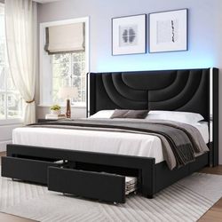 Full Size LED Bed Frame with 2 Drawer Storage, Wingback Platform Bed with Velvet