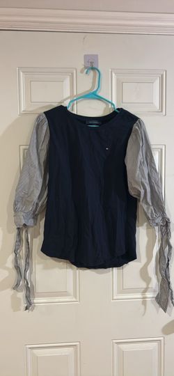 Tommy Hilfiger Women's Striped Ribbon Tie Sleeve Cotton Top / Sky Captain