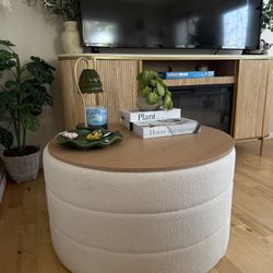 Tray Top Upholstered Storage Ottoman Cream/White Coffee Table