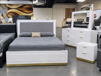 Queen & King Size Bedroom Set • Modern White & Gold Bed Frame Set With LED Headboard • Cod & Finance