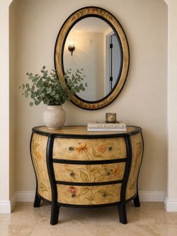 Bombé 3-drawer accent chest with matching oval mirror. Beautiful entryway, foyer, bedroom, or living room storage piece.