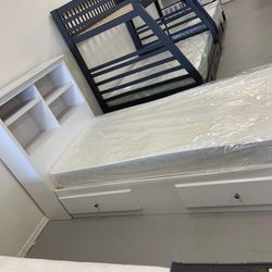 Brand New White Twin bed with Drawers And bookshelf