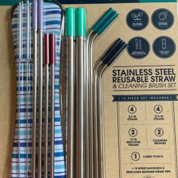 UNOPENED reusable stainless steel straw set and accessories