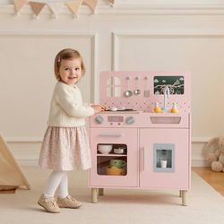 Wooden Kids Play Kitchen Set with Blackboard, Realistic Lights & Sounds, Interactive Pretend Kitchen with Stove, Water Dispenser, 6 Pcs Cookware & Cha