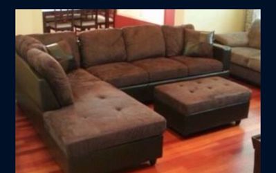 Brown microfiber sectional couch and ottoman